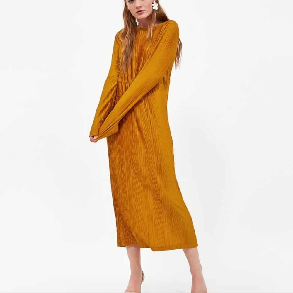 Mustard Zara Pleated Midi Dress - Women